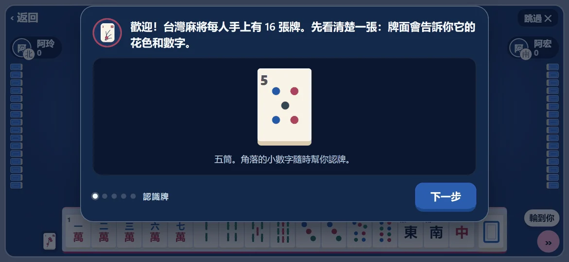 教學畫面：放大的五筒，說明角落的數字